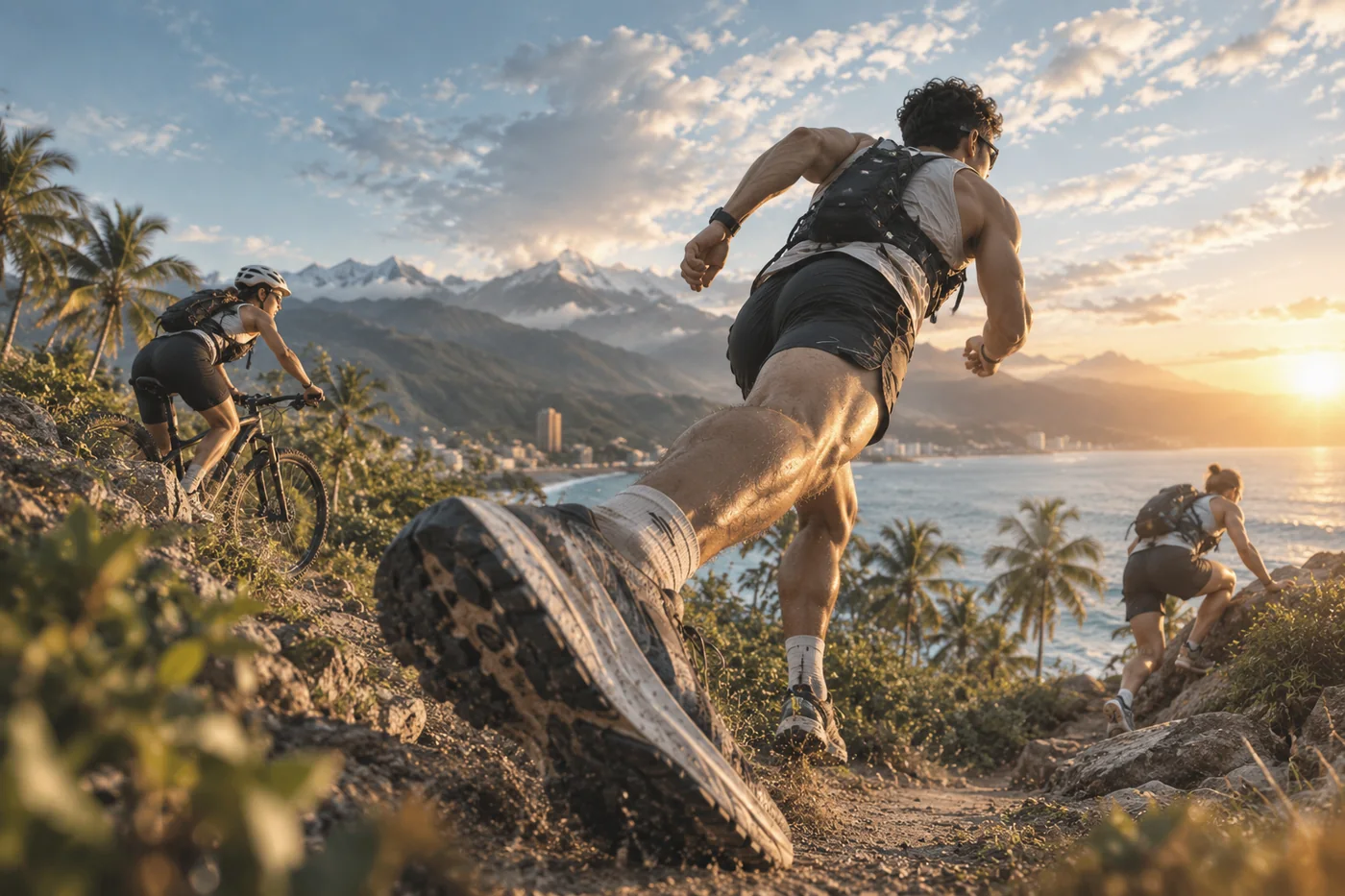 Corredor de trail con el mar de Santa Marta al fondo